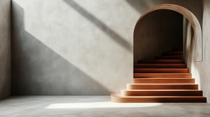Poster - modern minimalist interior featuring a wooden staircase leading to an archway illuminated by natural