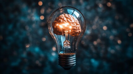 Poster - Light bulb with brain inside on blurred background, innovative thinking concept