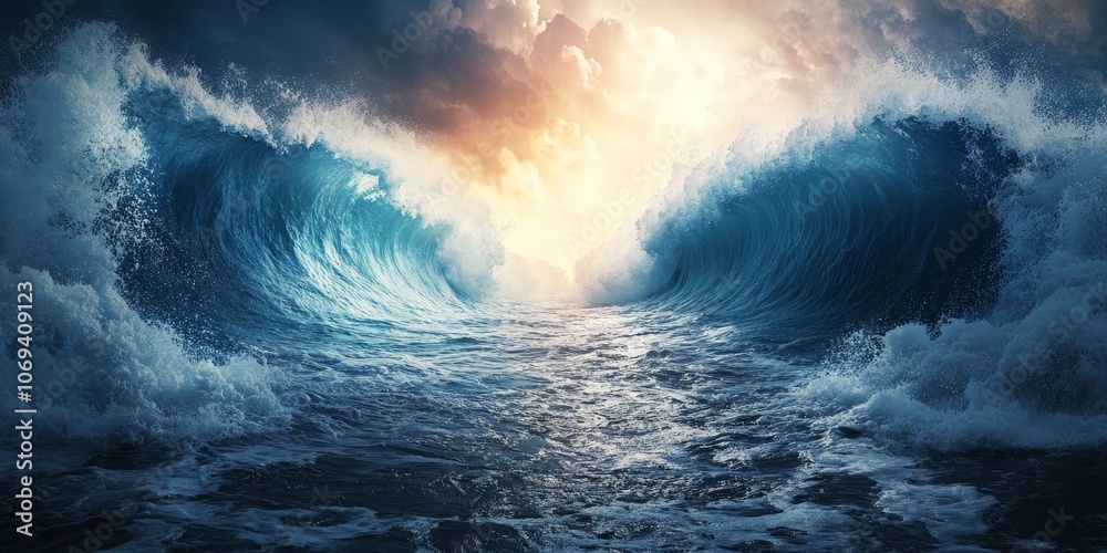 Dramatic abstract representation of the Red sea parting with deep blue ...