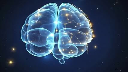 Poster - Illuminated brain with neural connections against a dark starry background at night
