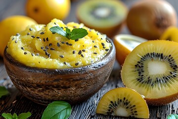 Wall Mural - Fresh Kiwi and Lemon Dessert with Mint Garnish in Rustic Bowl