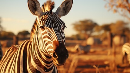 Wall Mural - Close-up portrait of a zebra with a blurred background of trees and other zebras in a grassy field.