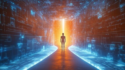 Poster - a figure stands at the end of a glowing corridor filled with vibrant blue and orange digital pattern