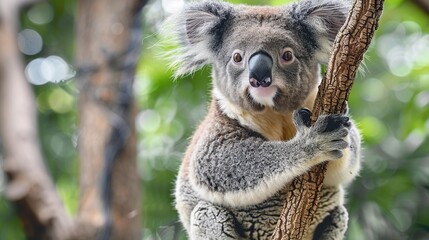 Wall Mural - A close-up of a koala clinging to a tree trunk, its fur is a soft grey, and its large eyes stare curiously at the camera.