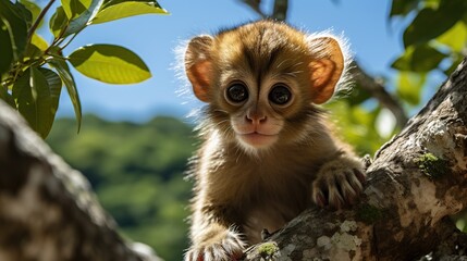 Wall Mural - A baby monkey with big eyes sits on a branch and looks at the camera.