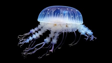 Poster - A translucent jellyfish with long tentacles floats against a black background.