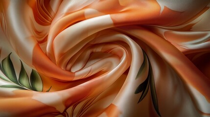 Poster - soft, floral silk fabric with vibrant orange hues and intricate leaf patterns captured in close-up d