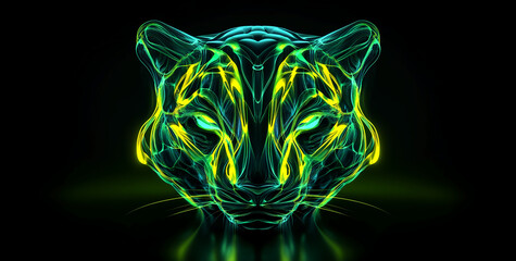 Poster - A digital cat with glowing green and yellow fur stares directly at the viewer against a black background