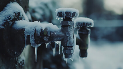 Poster - A frozen water pipe in winter, close-up, shallow depth of field, water tap covered with ice