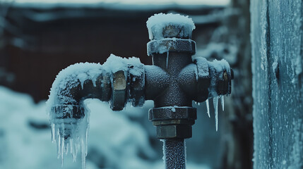 Aufkleber - A frozen water pipe in winter, close-up, shallow depth of field, water tap covered with ice