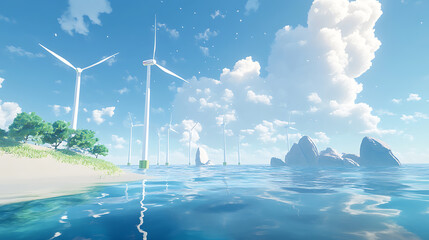 Poster - an offshore wind farm stands tall amidst blue waters and under expansive blue skies, with white wind