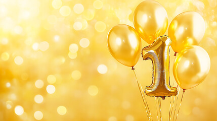 Poster - Banner with number 1 golden balloons with copy space, One years anniversary celebration concept on a yellow background with shiny bokeh