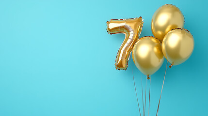 Aufkleber - Banner with number 7 golden balloon with copy space, Seven years anniversary celebration concept on a blue background