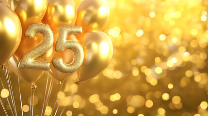 Poster - Banner with number 25 golden balloons with copy space, Twenty five years anniversary celebration concept on a yellow background with shiny bokeh