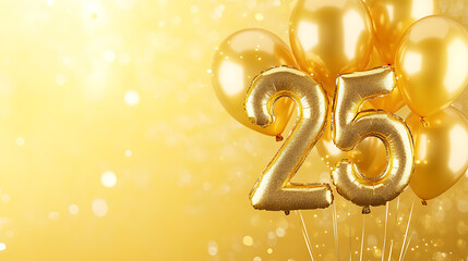 Poster - Banner with number 25 golden balloons with copy space, Twenty five years anniversary celebration concept on a yellow background with shiny bokeh