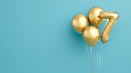 Aufkleber - Banner with number 7 golden balloon with copy space, Seven years anniversary celebration concept on a blue background