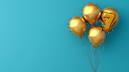 Aufkleber - Banner with number 7 golden balloon with copy space, Seven years anniversary celebration concept on a blue background