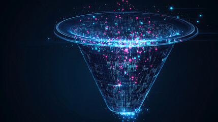 Poster - Big data technology and information funnel concept, Large digital funnel with online data as process of data collection, analysis, and transformation into useful information, Modern, digital style