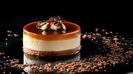 Poster - Cheesecake with caramel sauce on black background, Tasty homemade caramel cheesecake