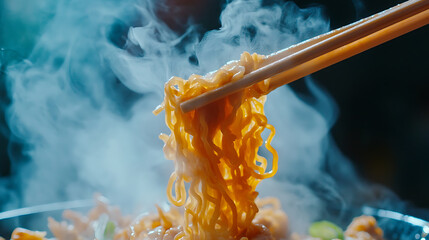 Poster - Chopsticks noodles with steam and smoke on black background, selective focus,, korea, japan, china, Vietnam and Asian noodle junk food concept