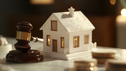 Poster - Close up Conceptual White Miniature House on Top of the Table Beside Court Gavel