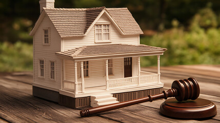 Leinwandbilder - Close up Conceptual White Miniature House on Top of the Table Beside Court Gavel