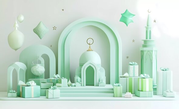 3D rendering of Ramadan Kareem with crescent moon, lantern, and mosque on a white background