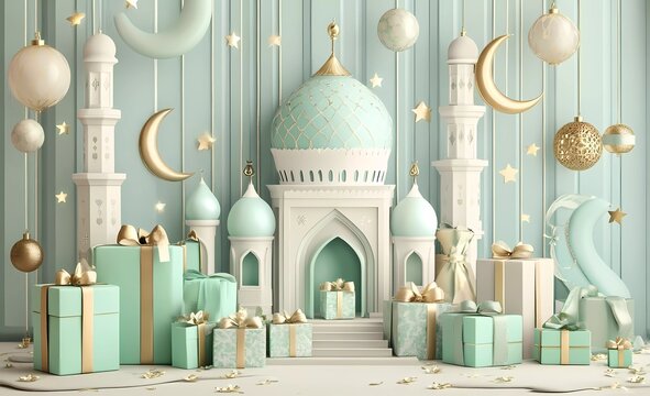 3D rendering of Ramadan Kareem with crescent moon, lantern, and mosque on a white background
