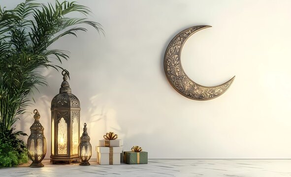 3D rendering Ramadan Kareem background with crescent moon, lantern, and mosque on a white wall with gift box decoration elements in a cartoon style.