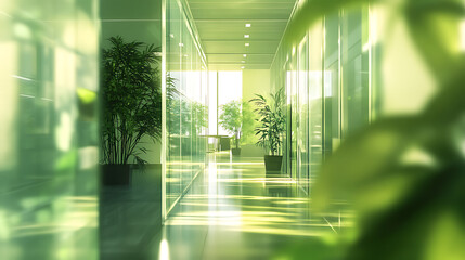 Leinwandbilder - Concept of a green office space, captured with a blurred effect to highlight the serene and peaceful environment cultivated by integrating nature into workspace design