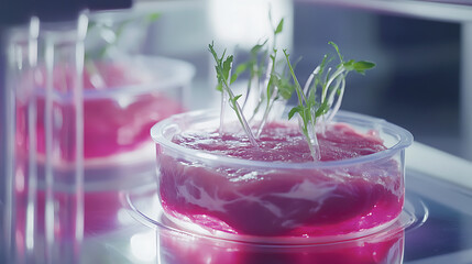 Poster - Cultured meat concept, a laboratory setting presents a petri dish nurturing lab-grown meat, promising sustainable food solutions