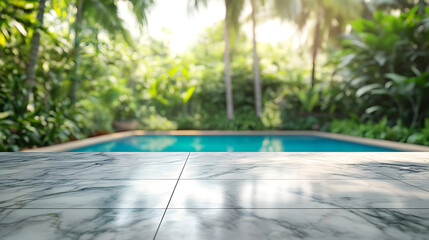 Poster - Empty marble table in front with blurred background of swimming pool