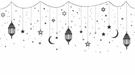 Leinwandbilder - Silhouette vector illustration of hanging lanterns, a crescent moon, and stars for Ramadan, isolated on a white background with a simple black outline