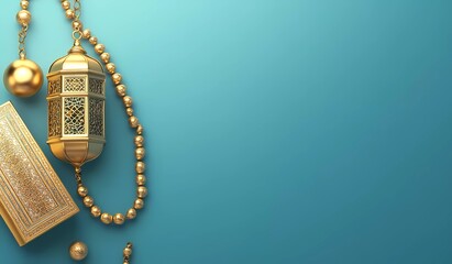 Fototapete - An Islamic banner design for the holy month of Ramadan Kareem, featuring a gold lantern, Quran, and rosary on a blue background with copy space at the top