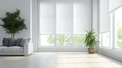 Poster - Interior roller blinds are installed in the living room, featuring white colored roller shades on the windows, Within the same room, there are also a houseplant and a sofa present