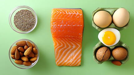 Aufkleber - Keto diet concept, salmon, avocado, eggs, nuts and seeds, bright green background, top view