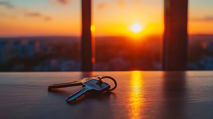 Poster - Keys on the table in new apartment against the background of sunset and large windows, Mortgage, investment, rent, real estate, property concept