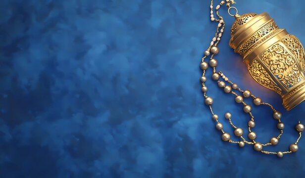 An Islamic banner design for the holy month of Ramadan Kareem, featuring a gold lantern, Quran, and rosary on a blue background with copy space at the top
