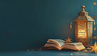 Fototapete - Eid Mubarak and Ramadan Kareem vector banner template with golden lantern, Arabic calligraphy, Quran book, and star decoration elements on a blue background. 
