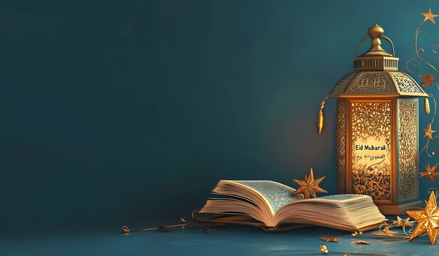Eid Mubarak and Ramadan Kareem vector banner template with golden lantern, Arabic calligraphy, Quran book, and star decoration elements on a blue background. 