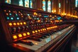 © anastasiia - Vintage synthesizer keyboard illuminated with warm lights in a church