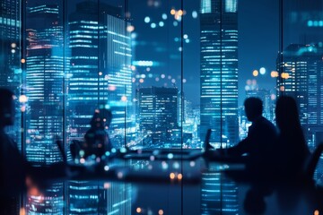 Poster - Business professionals collaborating in a modern office meeting room with city skyline at night