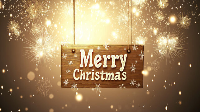 Hanging wooden sign with merry christmas and snowflakes, golden background with fireworks