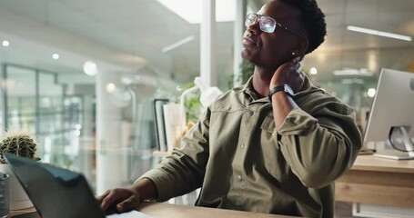 Poster - Black man, night and laptop with neck pain for stress, injury or overworked at office desk. Young African, male person or employee working late with bad posture, ache or spasm for pressure or strain