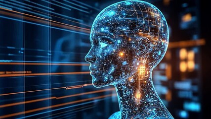 Poster - A futuristic humanoid with glowing circuits analyzing data in a high-tech environment