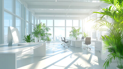 Poster - a contemporary, ecofriendly office space, white interior design, the workspace is welllit with natur