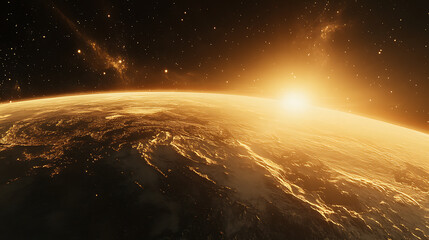 Poster - A breathtaking view of the sunrise as seen from the orbit of space, with the suns golden rays illuminating the curvature of the Earth against the vast, starstudded expanse of the cosmos