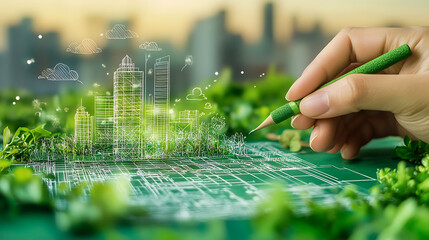 Poster - A hand sketching out a detailed blueprint for a sustainable, ecofriendly project, The blueprint features innovative designs that prioritize environmental conservation