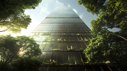Aufkleber - A glass skyscraper facade beautifully reflects the lush green trees surrounding it, symbolizing the concept of Environmental, Social, and Governance (ESG) and sustainability in urban development