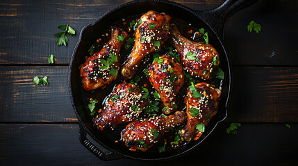 Poster - Baked spicy chicken legs with sesame and parsley in cast iron frying pan on dark wooden background top view